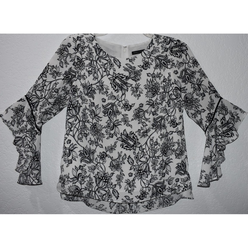 White House Black Market‎ Blouse 4 Bell Flare Sleeve Romantic White Black Floral